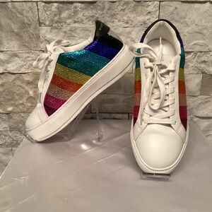 White Sneakers with Rainbow Sequin Stripes - Women's Casual Shoes